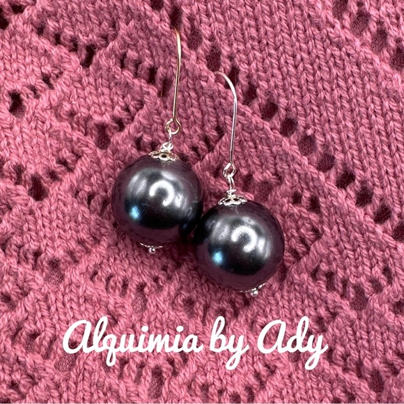 Dark  Gray Pearls dangle drops/ bubble pearls in silver drop earrings big ball - Picture 1 of 4